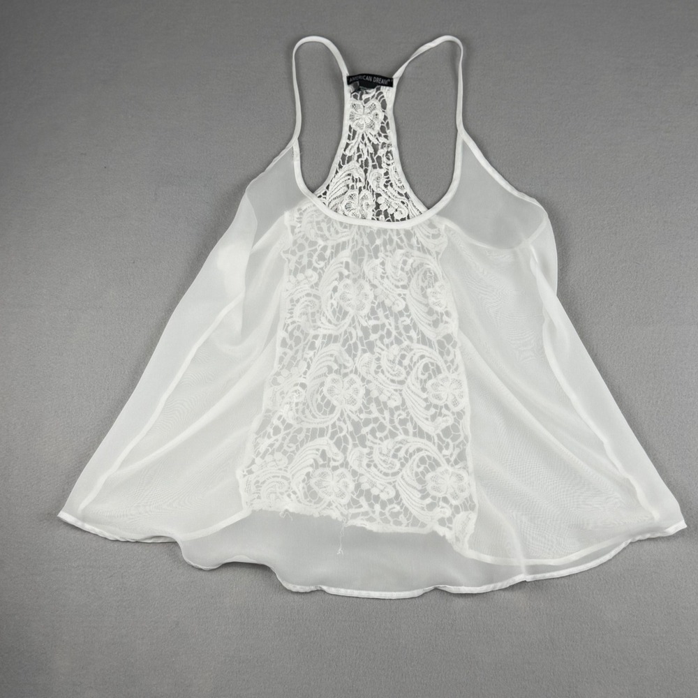 American Dream Womens White Lace Racerback Tank Top Sheer Flowy Boho Size L